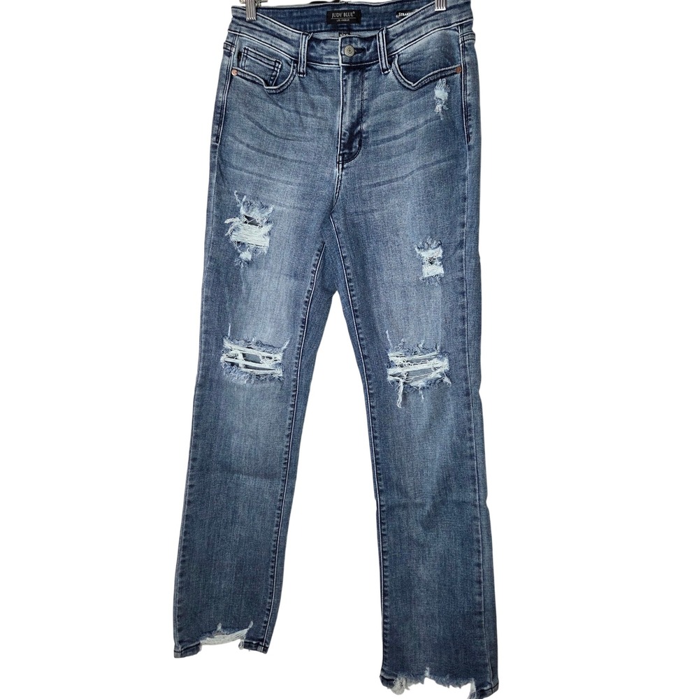 Judy Blue Straight Leg Jeans‎ Distressed Raw Hem Stretch Medium Wash